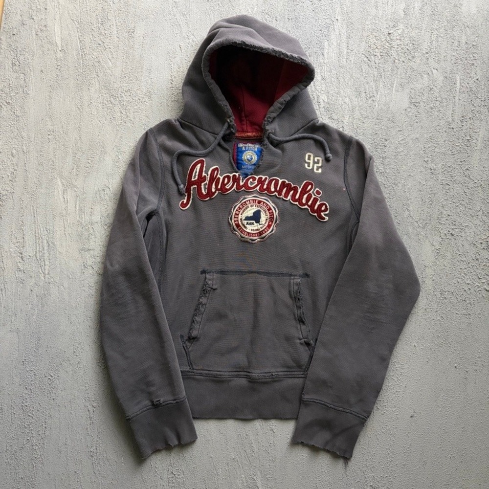 Vintage Abercrombie & Fitch Hoodie Medium Grey 2000s Y2K Distressed